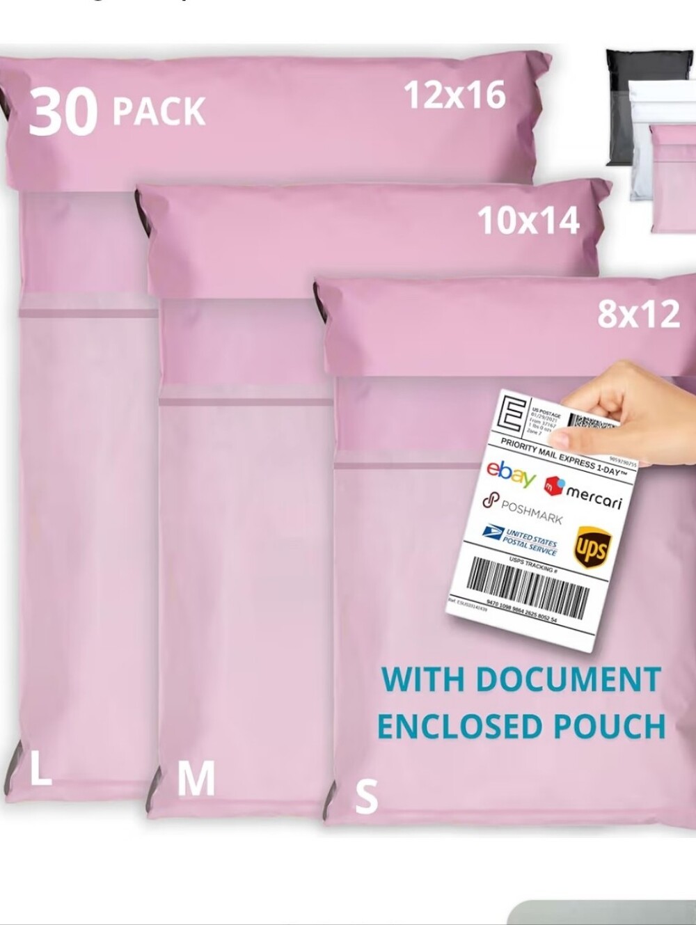 Bulk Pink Poly Mailer Shipping Bags with Document Pouch - 30 Pack